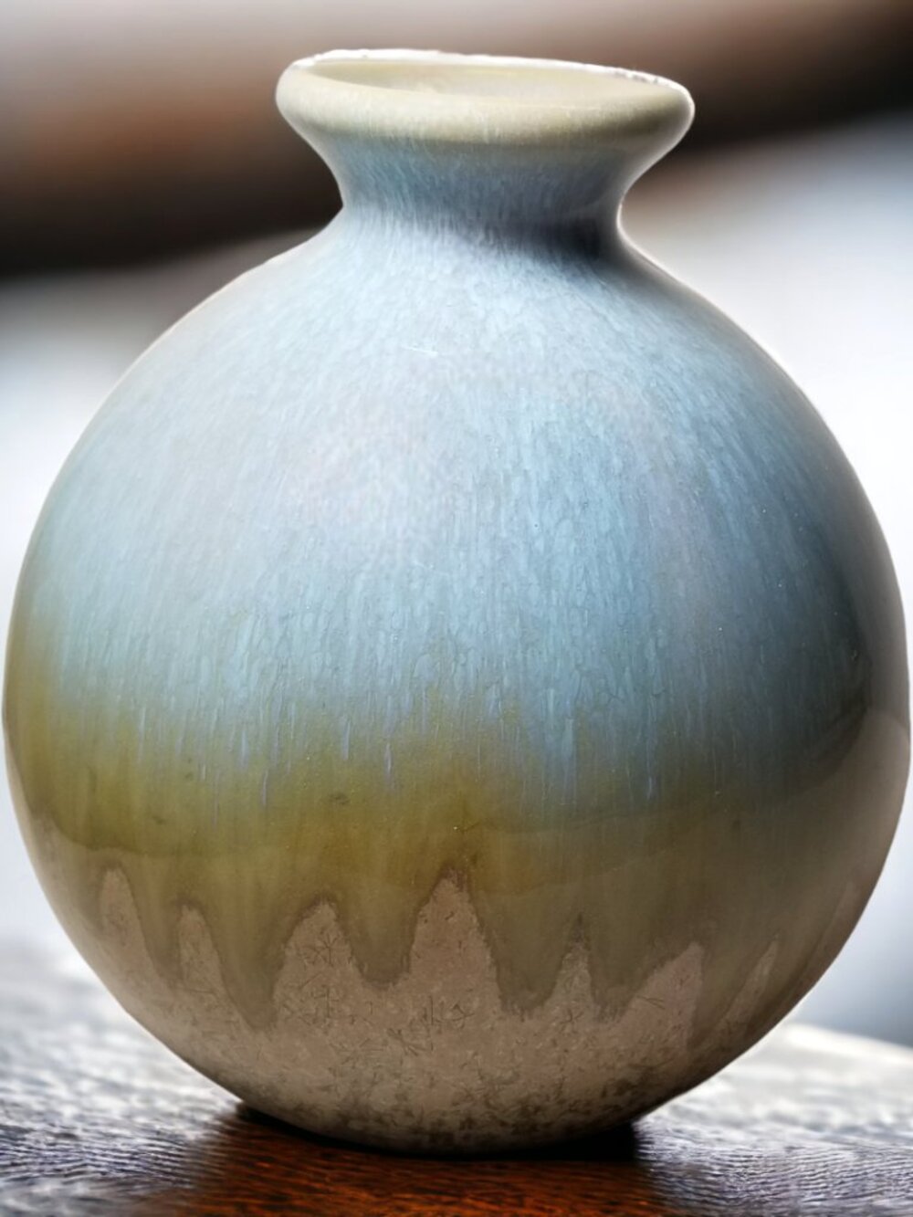 Vintage Art Pottery Bud Vase Crystalline Glaze Blue Green Round Ceramic Vase - Picture 3 of 8